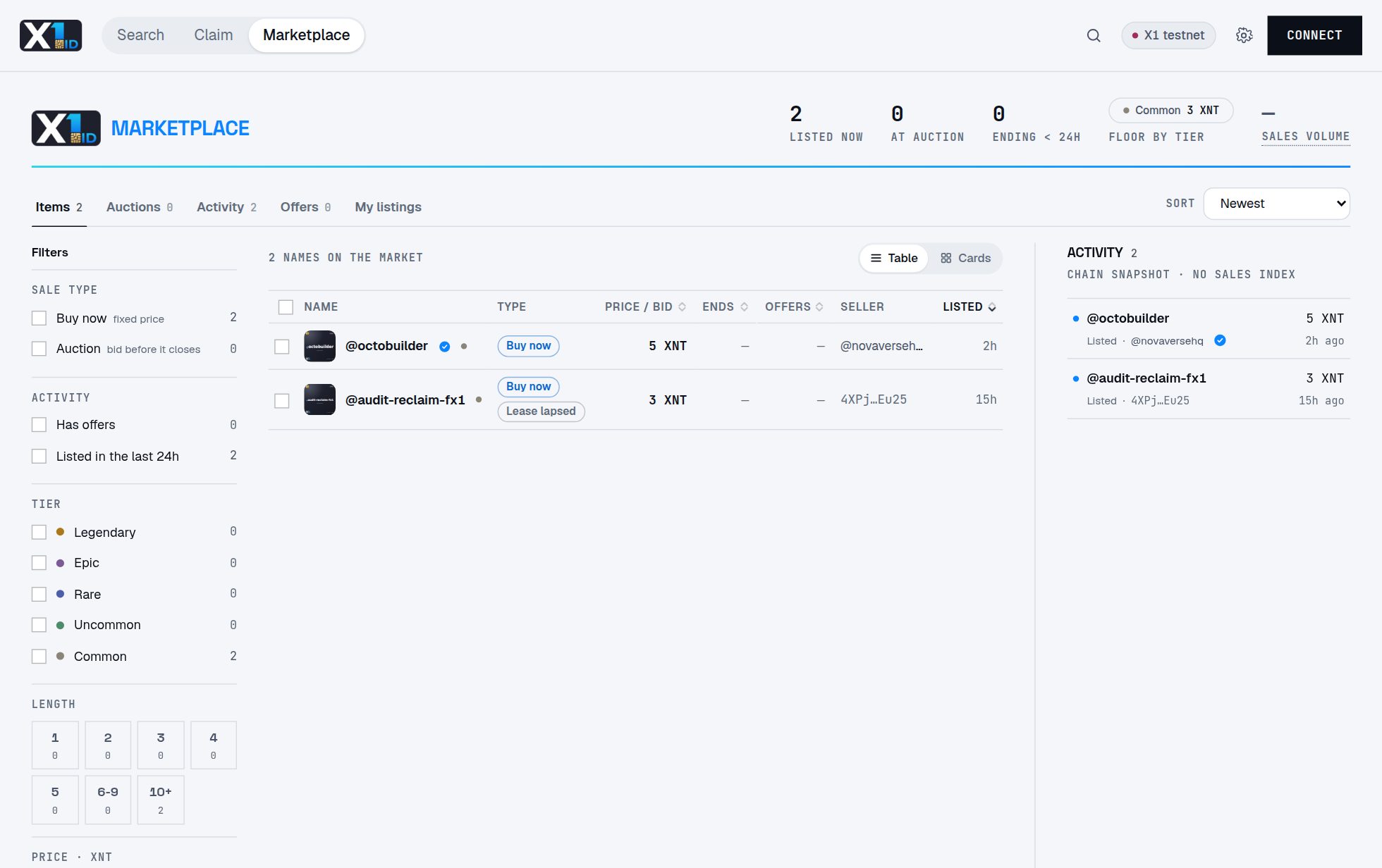 The X1ID marketplace: capability NFTs filtered by tier and length, each with its price.